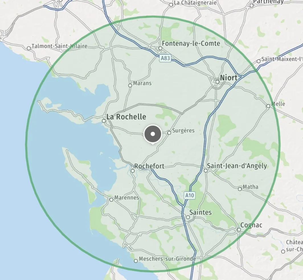 Carte de la zone d'intervention de Néoma 3D autour du Thou, de La Rochelle à Niort et Saintes